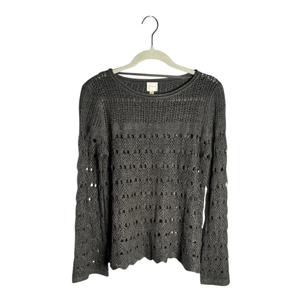 Cupio Dark Gray Open Knit Long Sleeve Sweater Round Neckline Medium